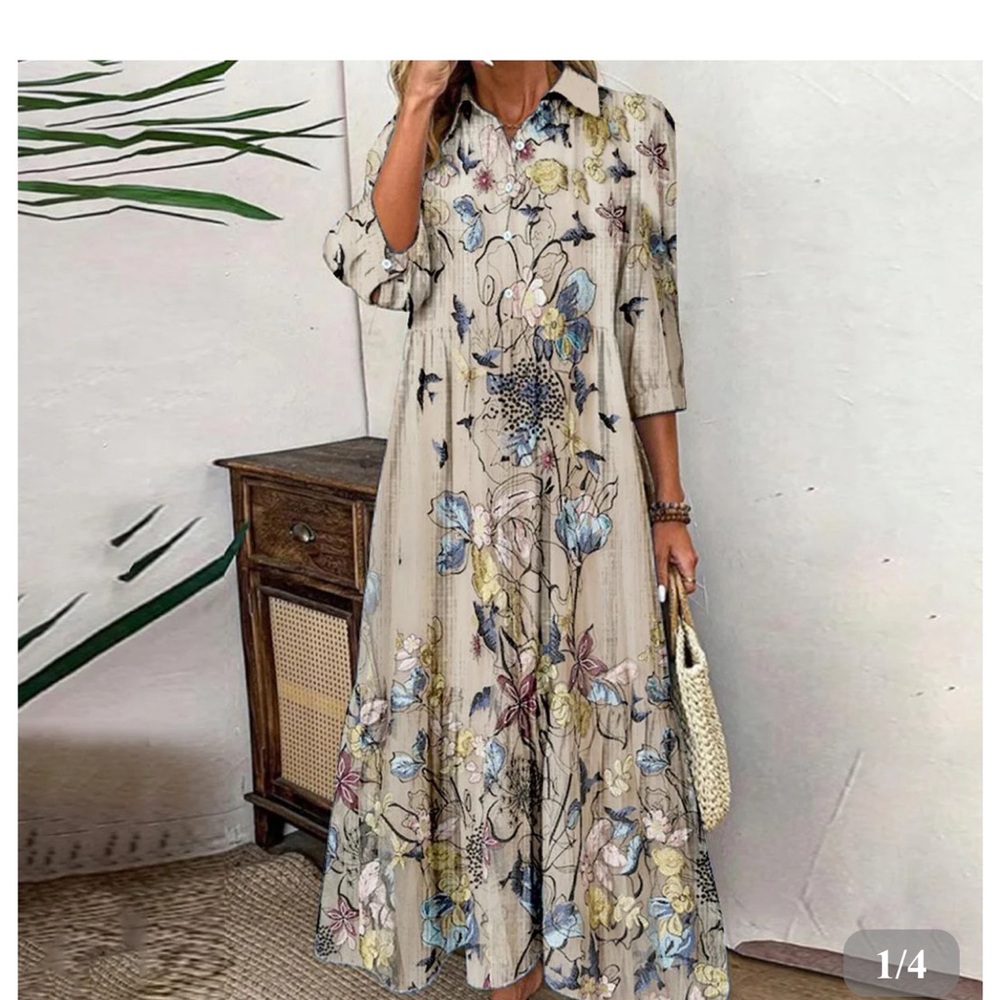Cream and Blue Sundress with Notched Collar and Cuffed Sleeves